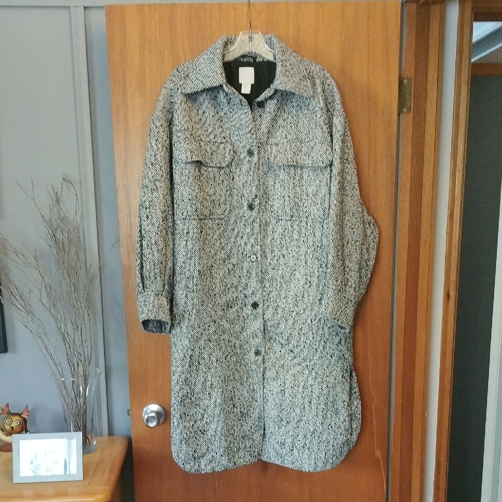 H&M Black and White Oversized Tweed Coat